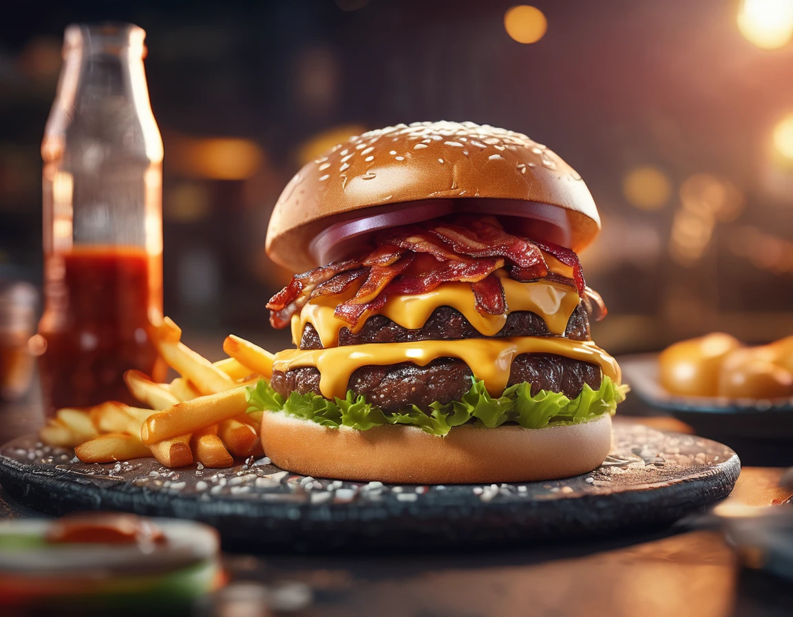 ((Gourmet Burger)), ((Ultra-Realistic Rendering)), ((Juicy pate)), ((Carefully crafted toppings)), ((Sesame bread)), ((Melting cheese)), ((Chris Pletas)), ((Sizzling bacon)), ((Add the sauce)), ((Angled close-up image)), ((Culinary masterpieces)), ((Vibrant colors)), ((Appetizing presentation)), ((Artistic plating)), ((Soft natural light)), ((Bokeh Background)), ((Flavorful atmosphere)), ((Gastronomic Delights)), ((Focus distance 85mm)), ((Sony A7R IV)), ((wide aperture)), ((Definition of 8k)), ((Inspired by food art)), ((Emotionally engaging)), ((Culinary Innovation)) A fast food hamburger set with cola and fries