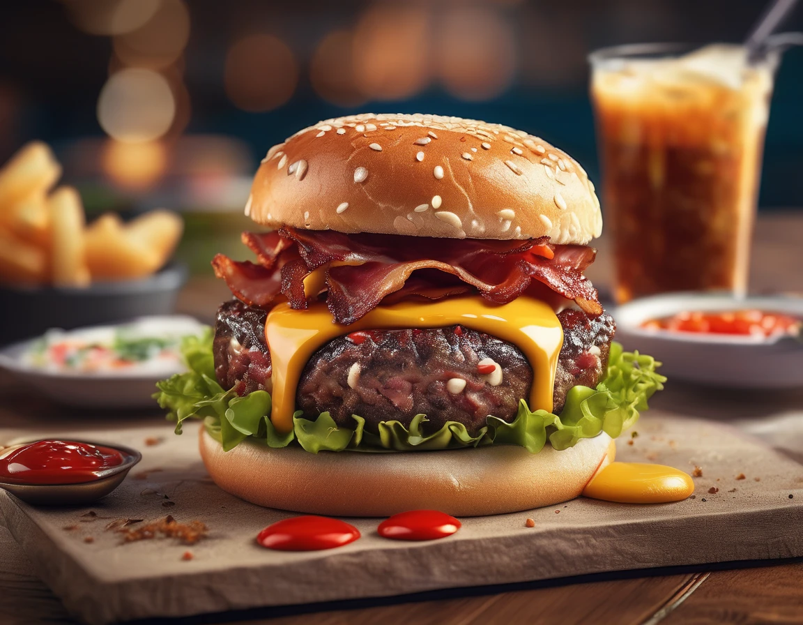 ((Gourmet Burger)), ((Ultra-Realistic Rendering)), ((Juicy pate)), ((Carefully crafted toppings)), ((Sesame bread)), ((Melting cheese)), ((Chris Pletas)), ((Sizzling bacon)), ((Add the sauce)), ((Angled close-up image)), ((Culinary masterpieces)), ((Vibrant colors)), ((Appetizing presentation)), ((Artistic plating)), ((Soft natural light)), ((Bokeh Background)), ((Flavorful atmosphere)), ((Gastronomic Delights)), ((Focus distance 85mm)), ((Sony A7R IV)), ((wide aperture)), ((Definition of 8k)), ((Inspired by food art)), ((Emotionally engaging)), ((Culinary Innovation))　A fast food hamburger set with cola and fries