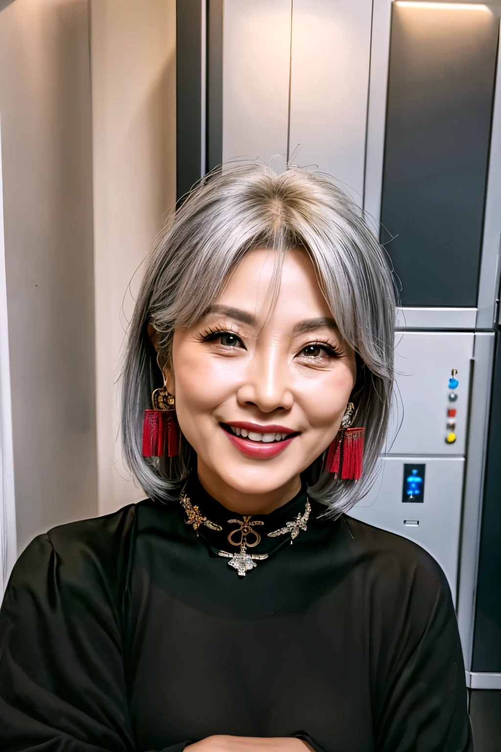 75 years old mom milf Korean, Lady large earring Big choker navel piercing decoration A bracelet Silver Hair realisitic Gorgeous Madame Beautiful Mature Woman sexly Smile Gentle woman navel piercing 4K High quality gorgeous madam beautiful mature woman