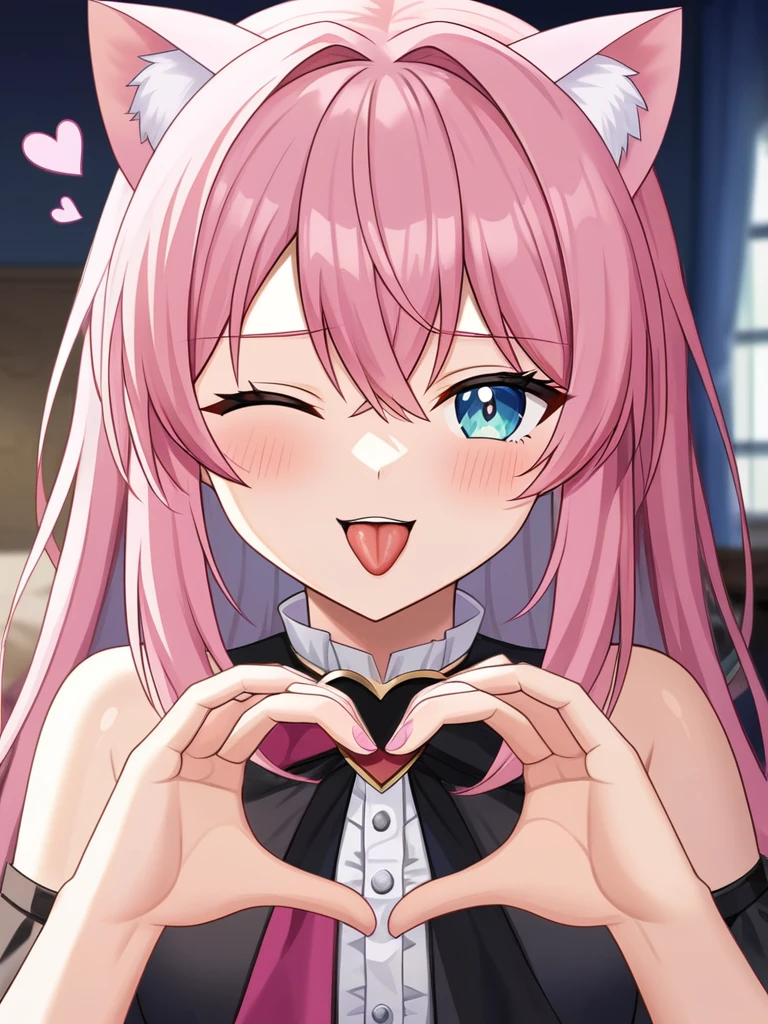 Adult, Female, long pink hair, winking, tongue out, heart hands, vtuber, otaku bedroom, Masterpiece, Accurate, Anatomically Correct, Best Quality, High Details, Detail, Super Detailed, Best detail, Perfect detail, Amazing detail, [-3, 3], perfect hands, best hands, best fingers, perfect fingers, perfect body, best body, amazing body, Looking at viewer, front facing, upper body shot, Cat Ears, Close-Up, 