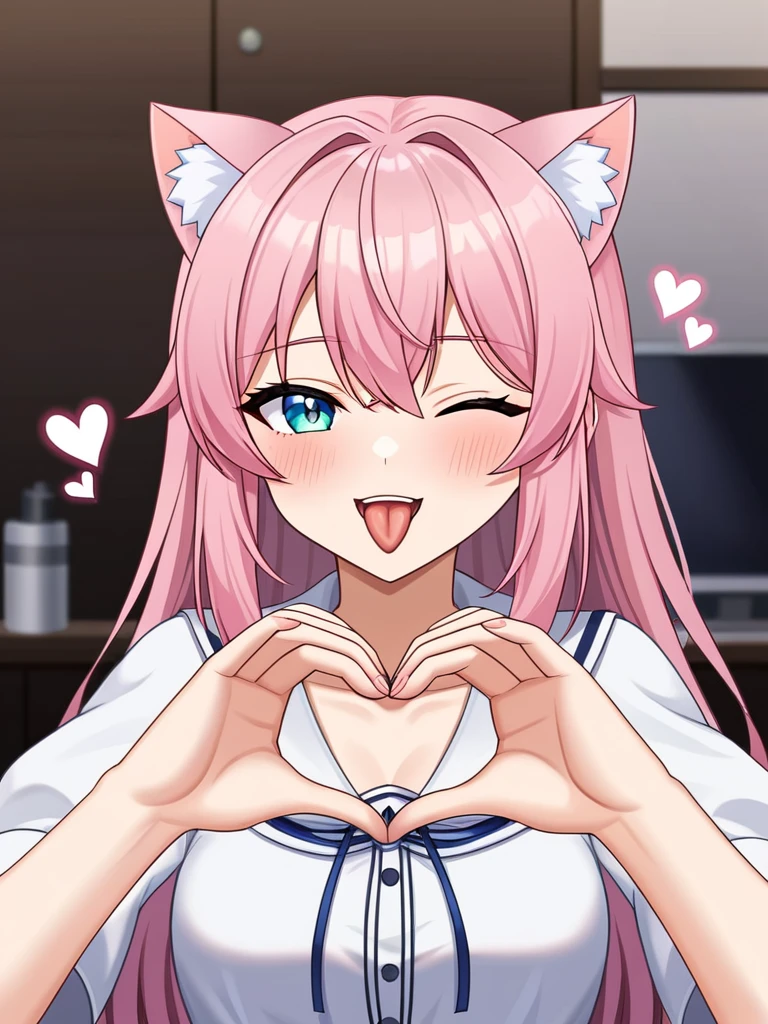 Adult, Female, long pink hair, winking, tongue out, heart hands, vtuber, otaku bedroom, Masterpiece, Accurate, Anatomically Correct, Best Quality, High Details, Detail, Super Detailed, Best detail, Perfect detail, Amazing detail, [-3, 3], perfect hands, best hands, best fingers, perfect fingers, perfect body, best body, amazing body, Looking at viewer, front facing, upper body shot, Cat Ears, Close-Up, 