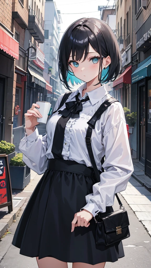 (masutepiece:1.2, Best Quality),  [1 girl in, expressioness, (Turquoise eyes;1.3), front facing, jet-black hair, half short cut hair,straight hair, Jacket is taken off, Cafe Apron,black frill skirt,] cowboy shot,