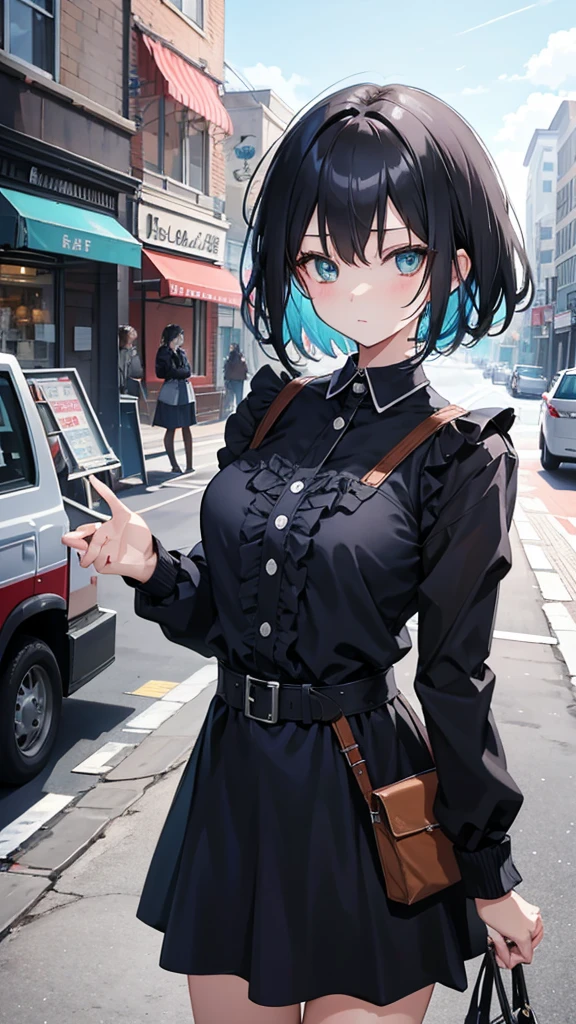 (masutepiece:1.2, Best Quality),  [1 girl in, expressioness, (Turquoise eyes;1.3), front facing, jet-black hair, half short cut hair,straight hair, Jacket is taken off, Cafe Apron,black frill skirt,] cowboy shot,