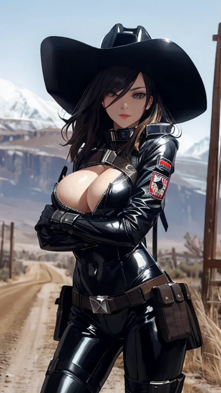 a cyber girl, with furry latex suit, technological armor, Trench coat, and cowboy hat, He is wearing a revolver holster, sexy pose sensual look at the camera, in the background an old west landscape 