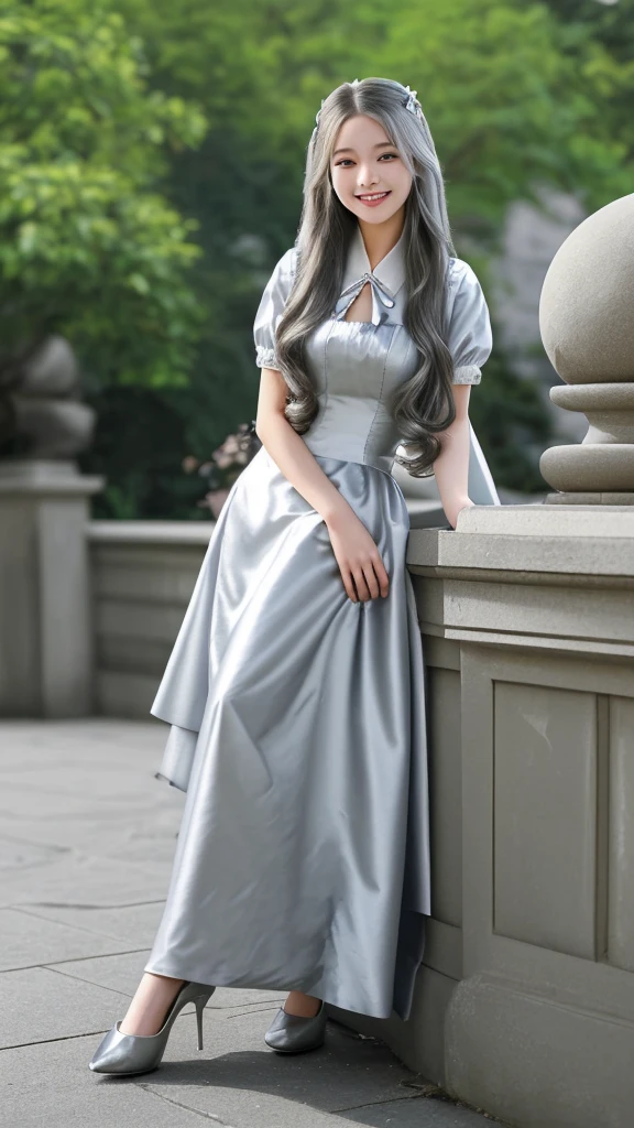 Silver semi-long hair smile Beautiful face like an actress Maid clothes Outdoor