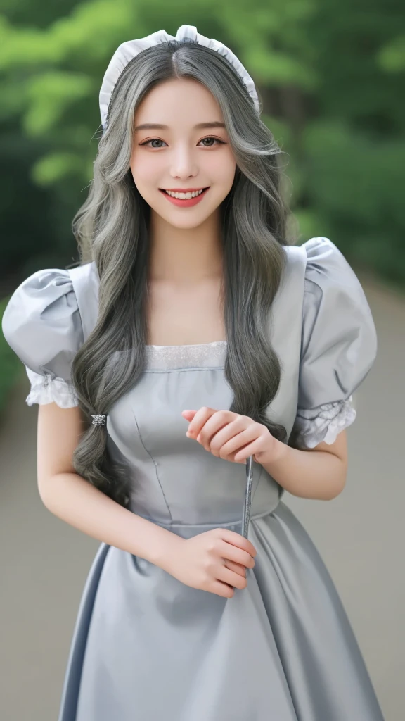 Silver semi-long hair　　smile　Beautiful face like an actress　Maid clothes　Outdoor