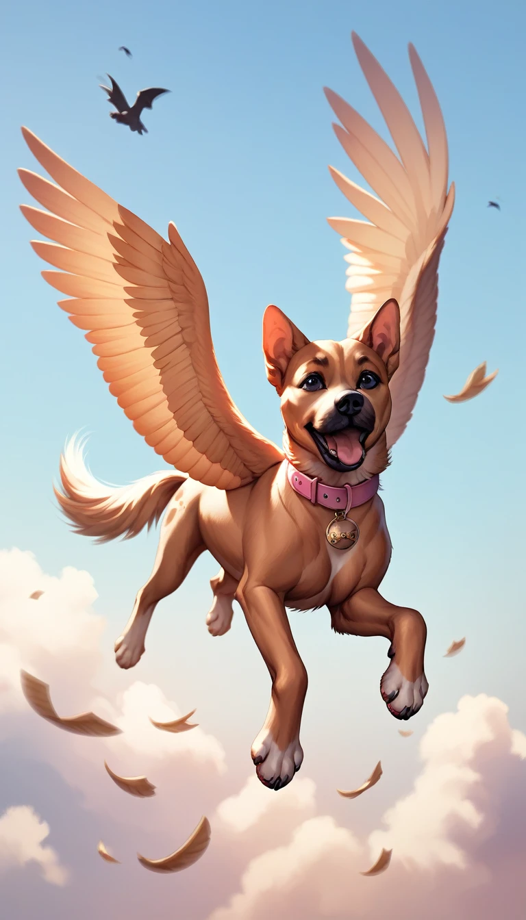 score_9, score_8_up, score_7_up, score_6_up, score_5_up, realistic, realism, dog, puppy, a dog with a ball in its mouth, jumping in the air, wings on its sides,