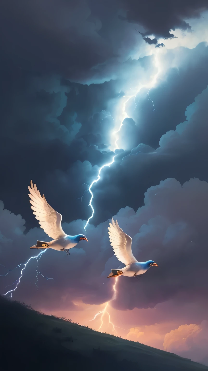 ((best quality)), ((masterpiece)), (detailed), A digital illustration of a dark blue rainbow lightning in a dark blue sky with small peach color birds flying in the background