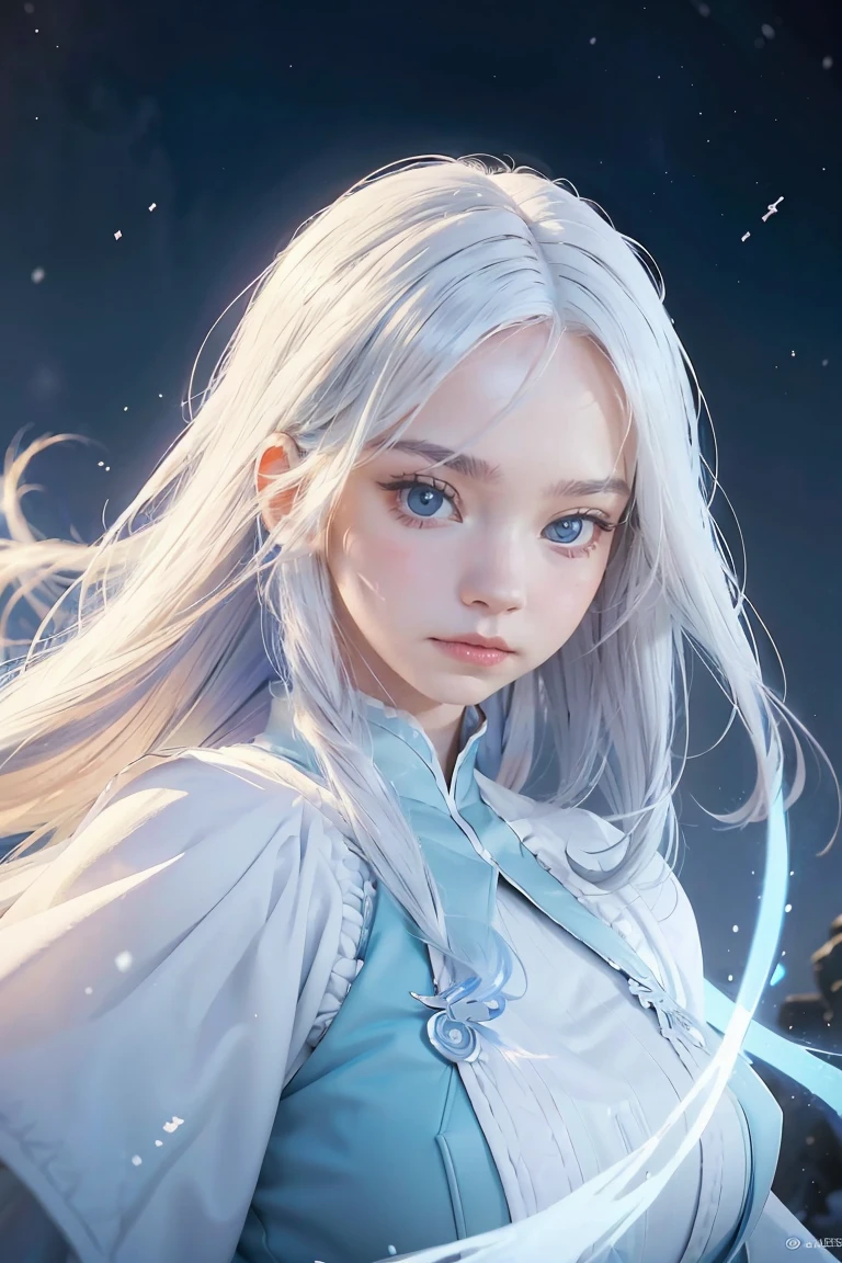 anime girl with long white hair and a blue dress in the snow, white haired deity, white hair floating in air, anime fantasy illustration, flowing white hair, beautiful young wind spirit, beautiful fantasy anime, glowing flowing hair, ethereal anime, beautiful anime artwork, beautiful digital artwork, anime fantasy artwork, ((a beautiful fantasy empress)), 2. 5 d cgi anime fantasy artwork