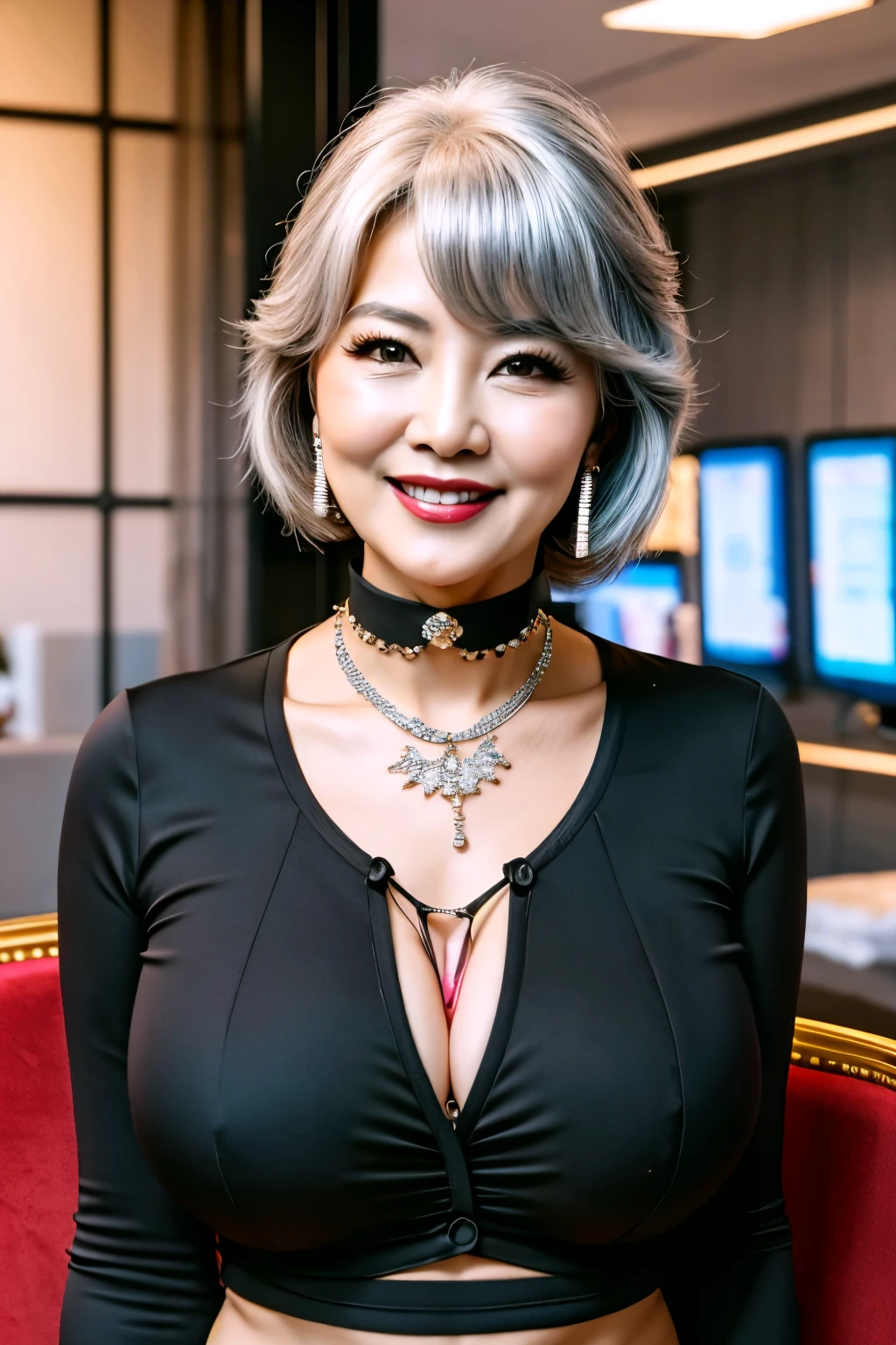 75 years old mom milf Korean, Lady large earring Big choker navel piercing decoration A bracelet Silver Hair realisitic Gorgeous Madame Beautiful Mature Woman sexly Smile Gentle woman navel piercing 4K High quality gorgeous madam beautiful mature woman