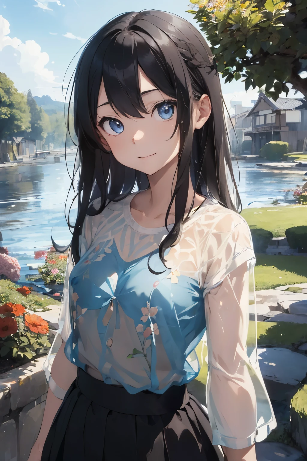 ((Highest quality)), ((masterpiece)), (detailed), (Japanese),, Black Hair,(Childish face), (Long Hair), Girl, small Breasts, ((topless)), ((Blue eyes)),half-smile ,Sunlight, arched back, (extreme_close_up) , riverbank, flower garden,((See-through shirt)),(Sheer shirt),