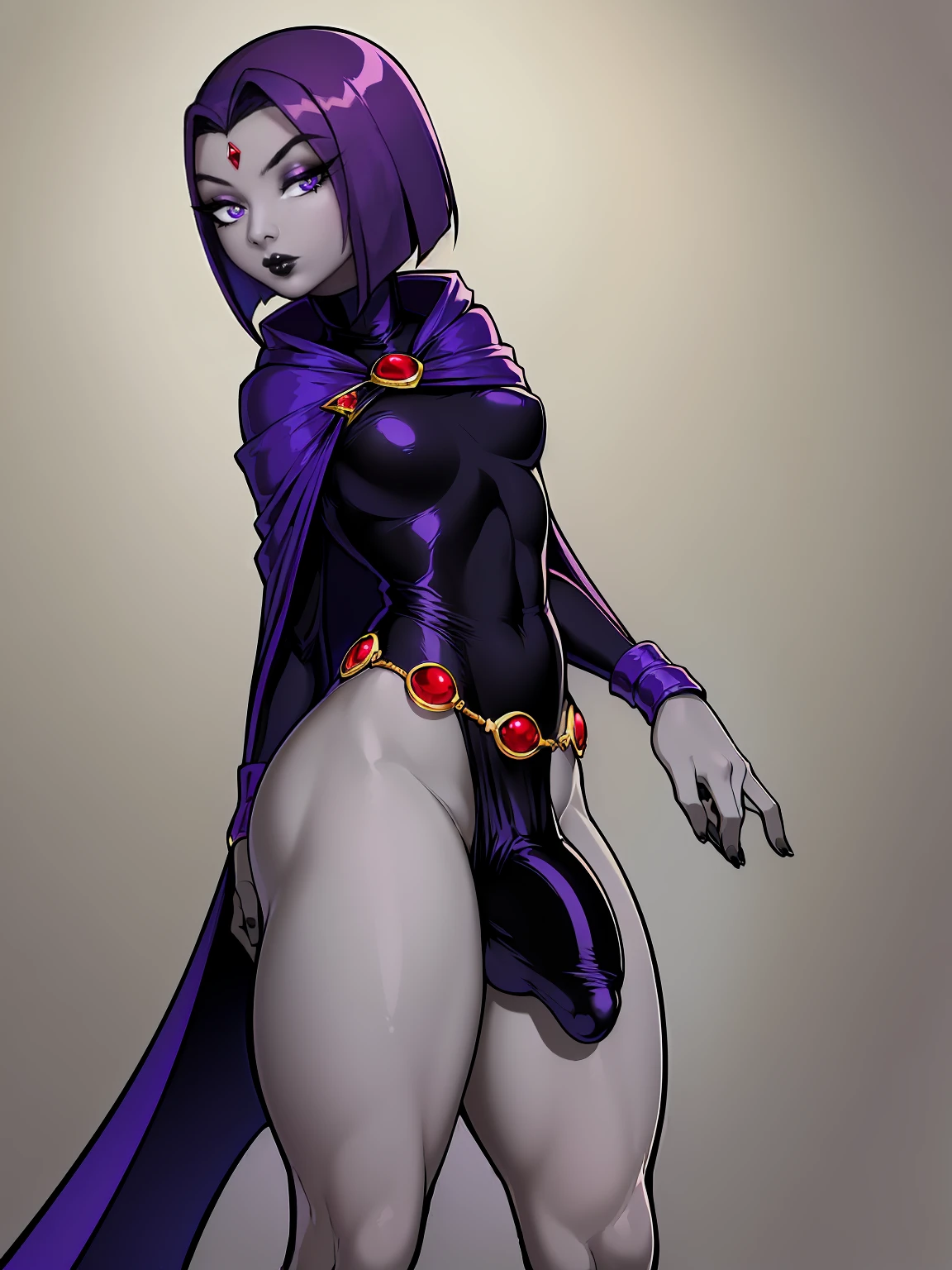 (solo:1.1),(masterpiece), (best quality:1.3), ultra detailed, intricate, (nice hands:1.4), professional art, digital art, absurdres, shadraven, (Full body view:1.1), 1girl, solo, (grey skin:1.4), dark purple hair, bob hair, purple eyes, hips wider than shoulders, pear shaped body, jewellery, detailed thighs, thick thighs, red jewel in forehead, jewels, (long sleeved turtleneck leotard:1.3), cuffs, small breasts, (shadraven cloak), (Shadraven broach:1.2), Shadraven jewel belt, Shadraven wearing a long sleeved leotard, long legs, ( long crotch bulge:1.4), large penis, large testicles, side view, looking at viewer, bubble butt , gluteal crease, universal lighting,,