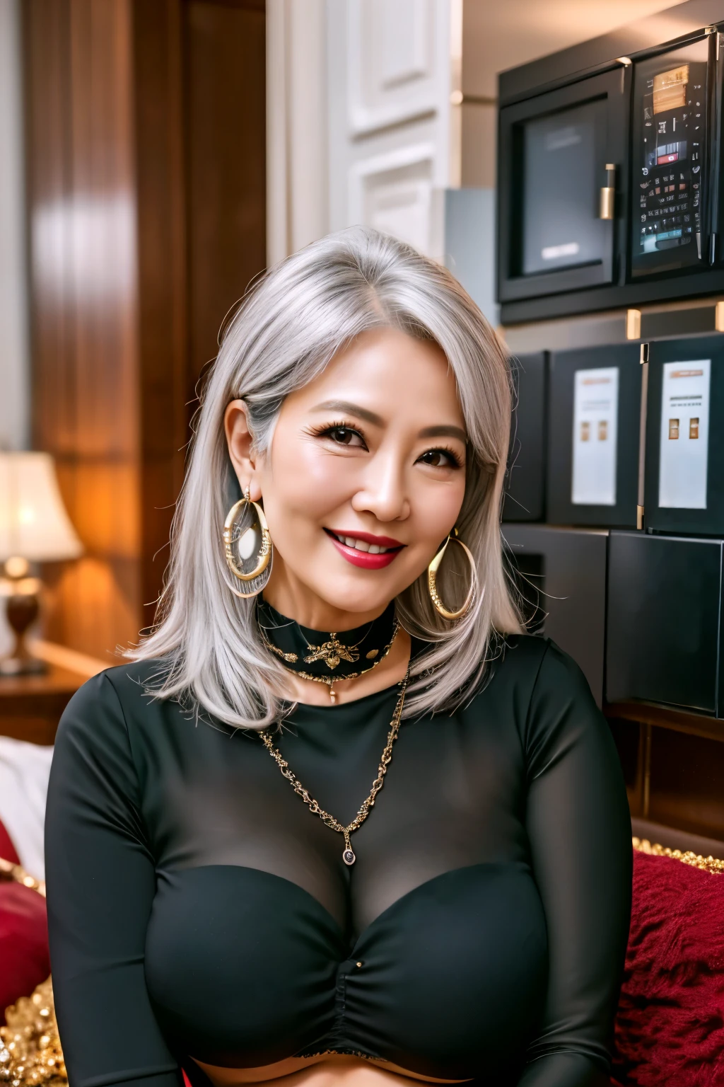 75 years old mom milf Korean, Lady large earring Big choker navel piercing decoration A bracelet Silver Hair realisitic Gorgeous Madame Beautiful Mature Woman sexly Smile Gentle woman navel piercing 4K High quality gorgeous madam beautiful mature woman