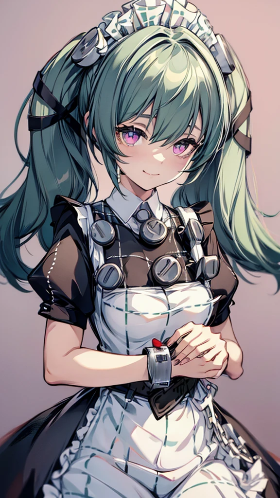 upper body,corin,1girl,solo,chibi,Very young,Short neck,Small breasts,Purple eyes,(Captivating smile), Twin tails, Maid,Screw Accessories,Green Hair,handcuffs,white panty,masterpiece,Noise Reduction,perfect anatomy,high resolution, ultra-detailed, ultra-detailed face,game cg,dutch angle ,beautiful detailed eyes,visualart,five fingers, perfect hands, perfect lighting, sparkling pupils,