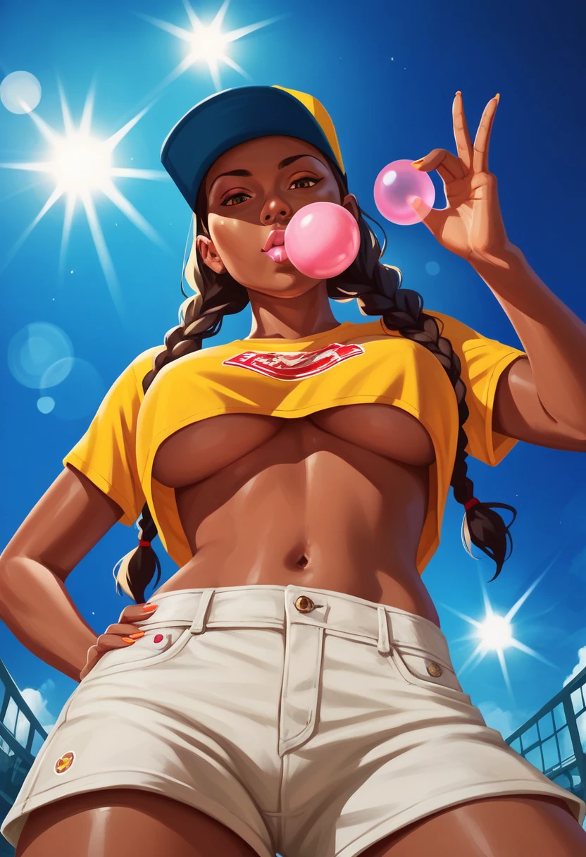 score_9, score_8_up, score_7_up, score_6_up, POV, r1s0, Character concept art of a dark skinned woman, twin braids, yellow crop top, khahki shorts, low angle, underboob, baseball cap, blowing bubble gum, fashionable, high detail establishing shot. cinematic, bokeh, use of color theory