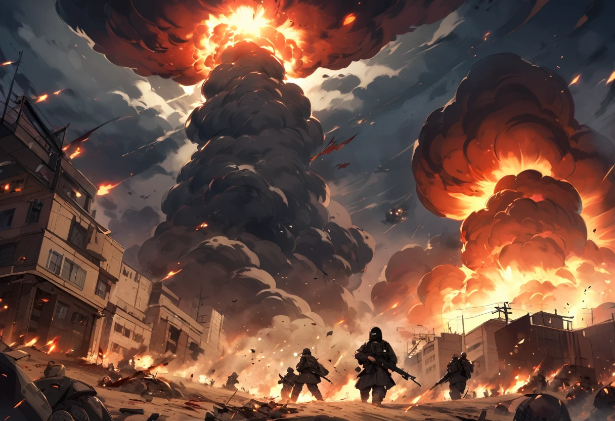 Terrorists, black balaclava, black clothes, war, city, night, blood, sandstorm, chaos, nuclear explosion