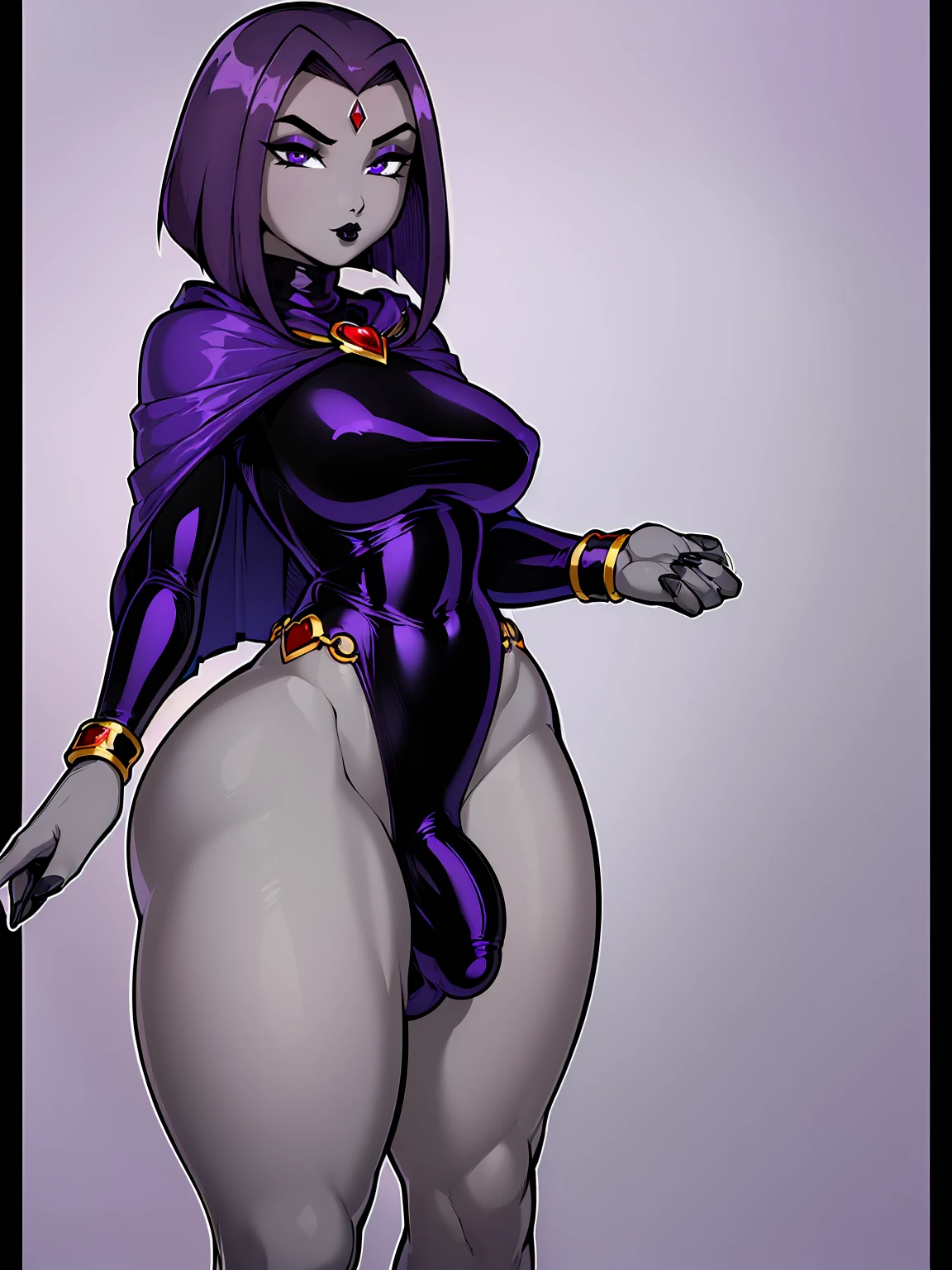 (solo:1.1),(masterpiece), (best quality:1.3), ultra detailed, intricate, (nice hands:1.6), professional art, digital art, absurdres, shadraven, (Full body view:1.1), 1girl, solo, (grey skin:1.4), dark purple hair, bob hair, purple eyes, hips wider than shoulders, pear shaped body, jewellery, detailed thighs, thick thighs, red jewel in forehead, jewels, (long sleeved turtleneck leotard:1.3), cuffs, small breasts, (shadraven cloak), (Shadraven broach:1.2), Shadraven jewel belt, Shadraven wearing a long sleeved leotard, long legs, ( long crotch bulge:1.4), large penis, large testicles, side view, looking at viewer, bubble butt , gluteal crease, universal lighting,,
