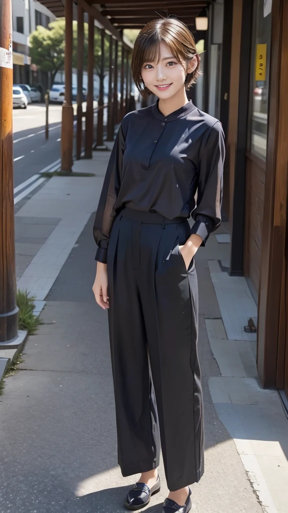 One girl, wearing blouse, wide pants, wide pants, short hair, 20-year-old Japanese, beautiful, cute face, pretty face, neat, smiling, 8-head body, height 165cm, weight 48kg, bust 83cm, waist 60cm, hips 82cm, Small breathts, Living in Hiroshima City, A college student aspiring to become a model, (((full body))), full face