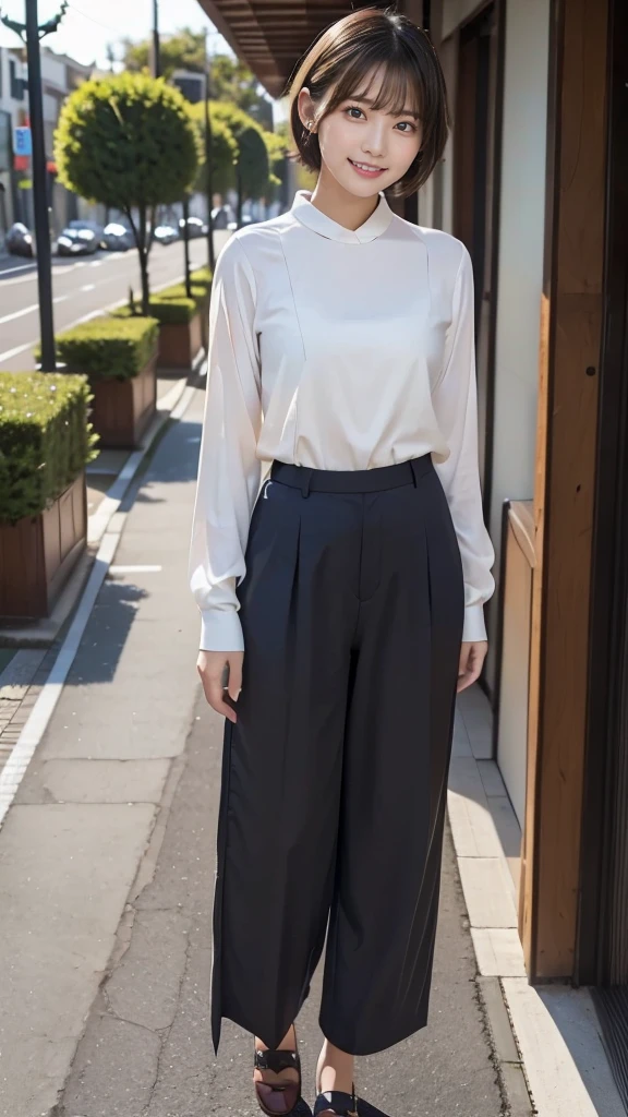 One girl, wearing blouse, wide pants, wide pants, short hair, 20-year-old Japanese, beautiful, cute face, pretty face, neat, smiling, 8-head body, height 165cm, weight 48kg, bust 83cm, waist 60cm, hips 82cm, Small breathts, Living in Hiroshima City, A college student aspiring to become a model, (((full body))), full face