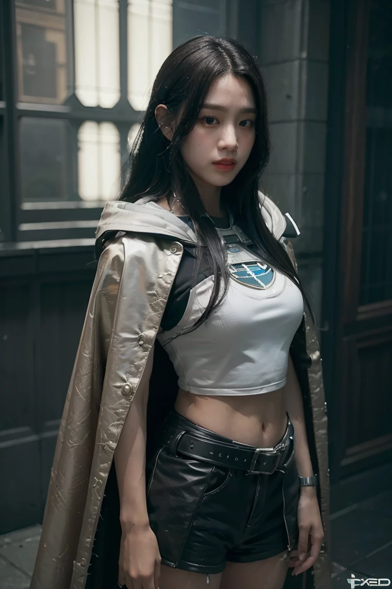 ((Best quality)), ((masterpiece)), (detailed:1.4), 3D, an image of a beautiful cyberpunk female with a cape, HDR (High Dynamic Range),Ray Tracing,NVIDIA RTX,Super-Resolution,Unreal 5,Subsurface scattering,PBR Texturing,Post-processing,Anisotropic Filtering,Depth-of-field,Maximum clarity and sharpness,Multi-layered textures,Albedo and Specular maps,Surface shading,Accurate simulation of light-material interaction,Perfect proportions,Octane Render,Two-tone lighting,Wide aperture,Low ISO,White balance,Rule of thirds,8K RAW,