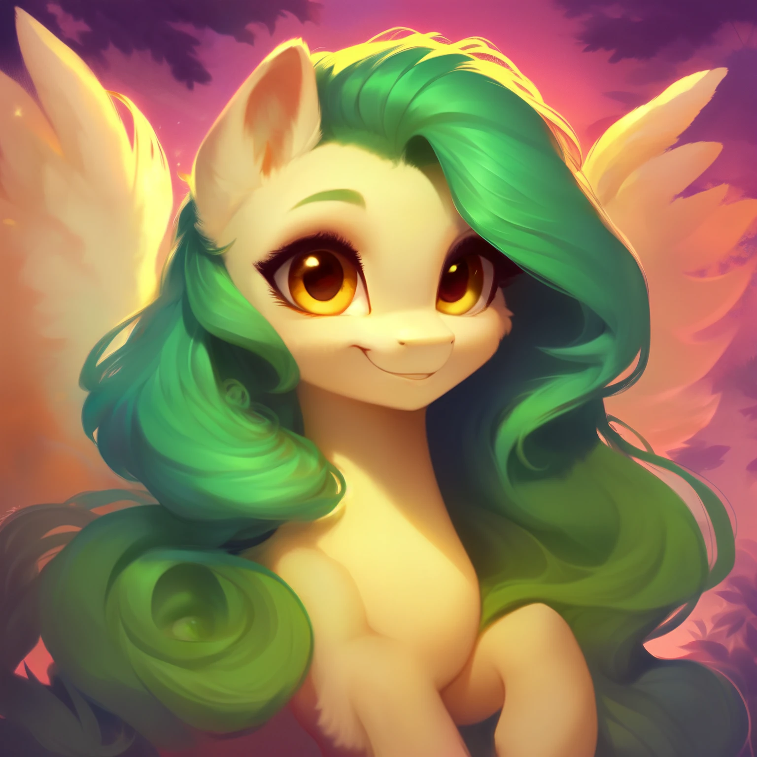 rating_safe, score_9, fluffy, a child , a little pegasus pony with spread wings.round cute face。She had white skin, Moss green mane, long mane,a happy smile, and innocent and clear golden eyes. happily,Childlike innocence。only 2 wings。She is a spiritually curious child。very cute,a child,small