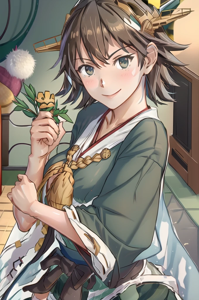 Highest quality, masterpiece, High resolution, alone, (Hiei Kai-2_Fleet Collection:1.15), オレンジ色hair, hairband, headgear, Non-traditional_Shrine maiden, smile, green_eye, Inverted up_hair, smile, One Girl, dependent_sleeve, green_skirt, Plaid, Plaid_skirt, ribbon-trimmed_sleeve, ribbon_trim, skirt, (indoor, office, living room), 