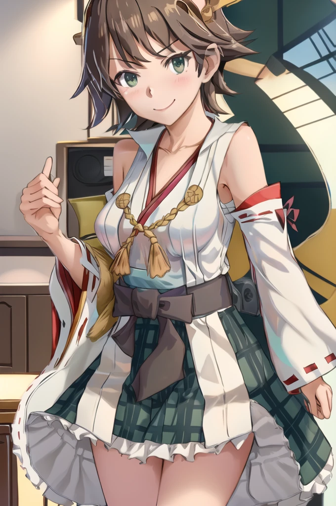 Highest quality, masterpiece, High resolution, alone, (Hiei Kai-2_Fleet Collection:1.15), オレンジ色hair, hairband, headgear, Non-traditional_Shrine maiden, smile, green_eye, Inverted up_hair, smile, One Girl, dependent_sleeve, green_skirt, Plaid, Plaid_skirt, ribbon-trimmed_sleeve, ribbon_trim, skirt, (indoor, office, living room), 