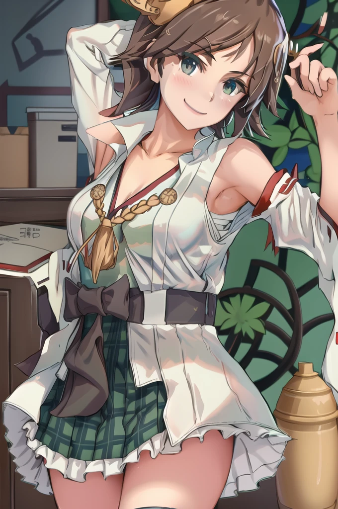 Highest quality, masterpiece, High resolution, alone, (Hiei Kai-2_Fleet Collection:1.15), オレンジ色hair, hairband, headgear, Non-traditional_Shrine maiden, smile, green_eye, Inverted up_hair, smile, One Girl, dependent_sleeve, green_skirt, Plaid, Plaid_skirt, ribbon-trimmed_sleeve, ribbon_trim, skirt, (indoor, office, living room), 