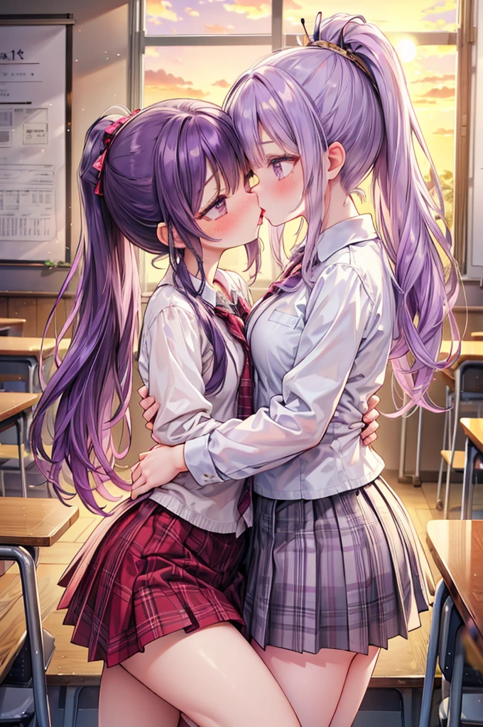 masterpiece, best quality, nsfw,
2girl, kiss,
summer , plaid skirt, purple hair, ponytail, embarrassed face,
classroom, sunset,