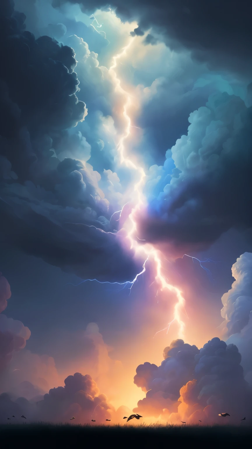 ((best quality)), ((masterpiece)), (detailed), A digital illustration of a dark blue rainbow lightning in a dark blue sky with small peach color birds flying in the background