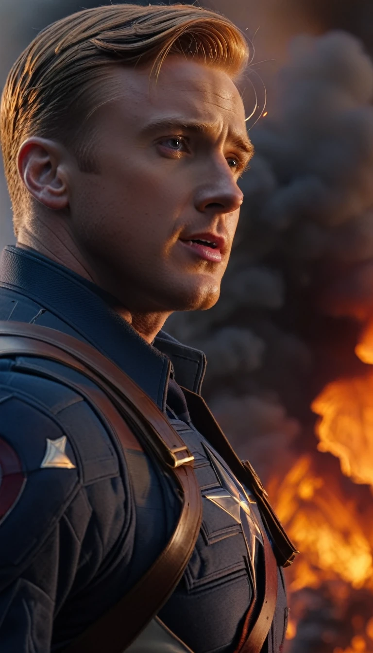 Marvel - Steve Rogers, close-up, brilliant smoke and fire background, winning the great battle to save the world, masterpiece, 8K, reality