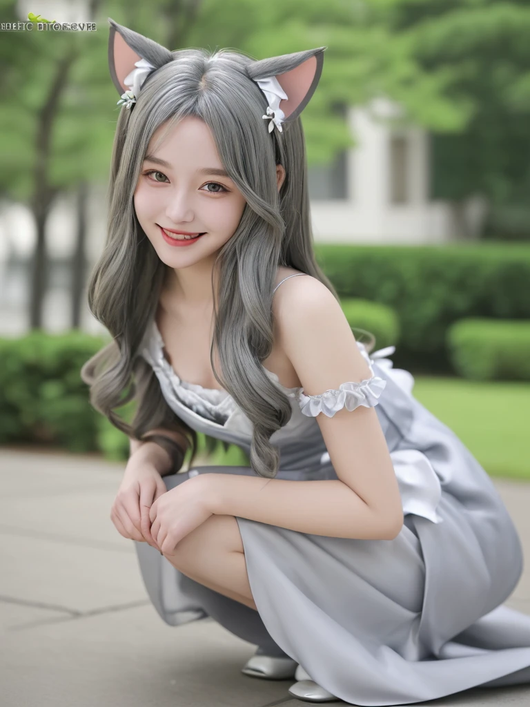 Silver semi-long hair　　smile　Beautiful face like an actress　Maid clothes　Outdoor dog ears
