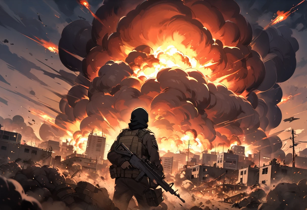 Terrorists, black balaclava, black clothes, war, city, night, blood, sandstorm, chaos, nuclear explosion