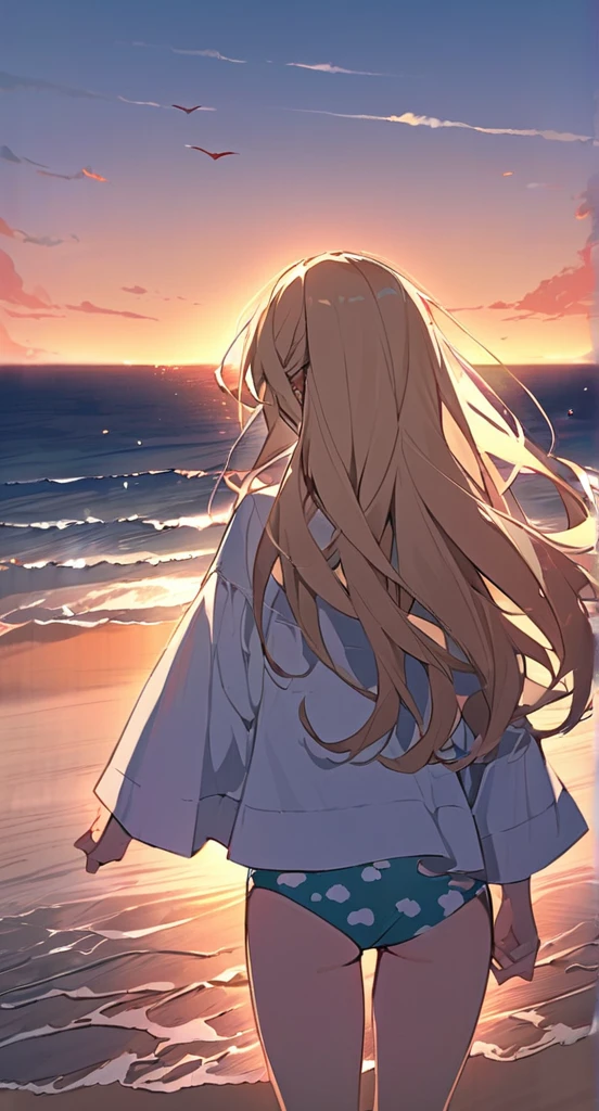 At dusk、Bikini Swimwear。Cute girl watching the sunset on the beach。Her hair is blonde。Hair length is semi-long。Madhouse-like colors。A touch like Makoto Shinkai。