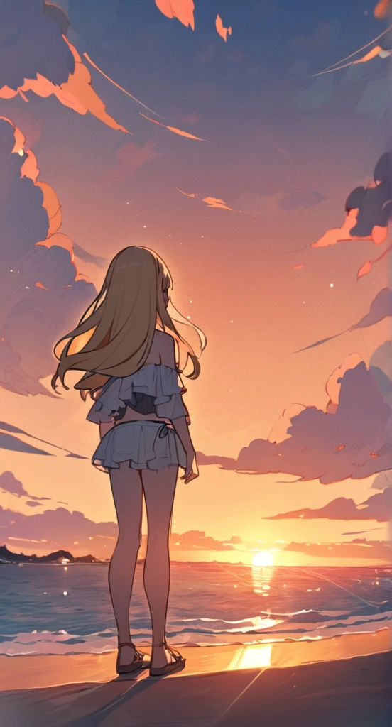 At dusk、Bikini Swimwear。Cute girl watching the sunset on the beach。Her hair is blonde。Hair length is semi-long。Madhouse-like colors。A touch like Makoto Shinkai。
