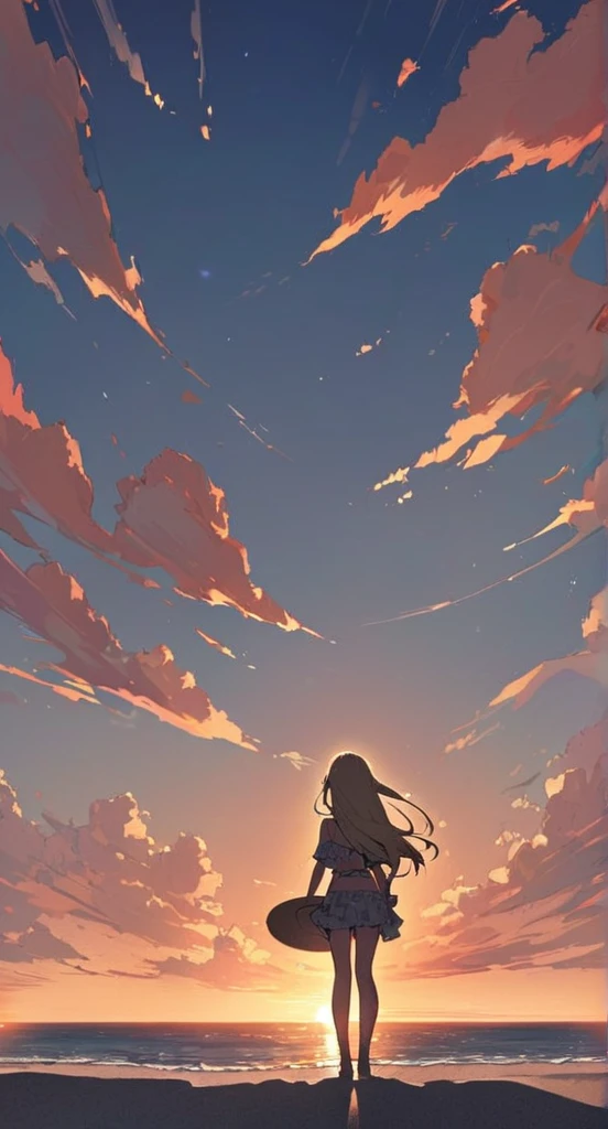 At dusk、Bikini Swimwear。Cute girl watching the sunset on the beach。Her hair is blonde。Hair length is semi-long。Madhouse-like colors。A touch like Makoto Shinkai。