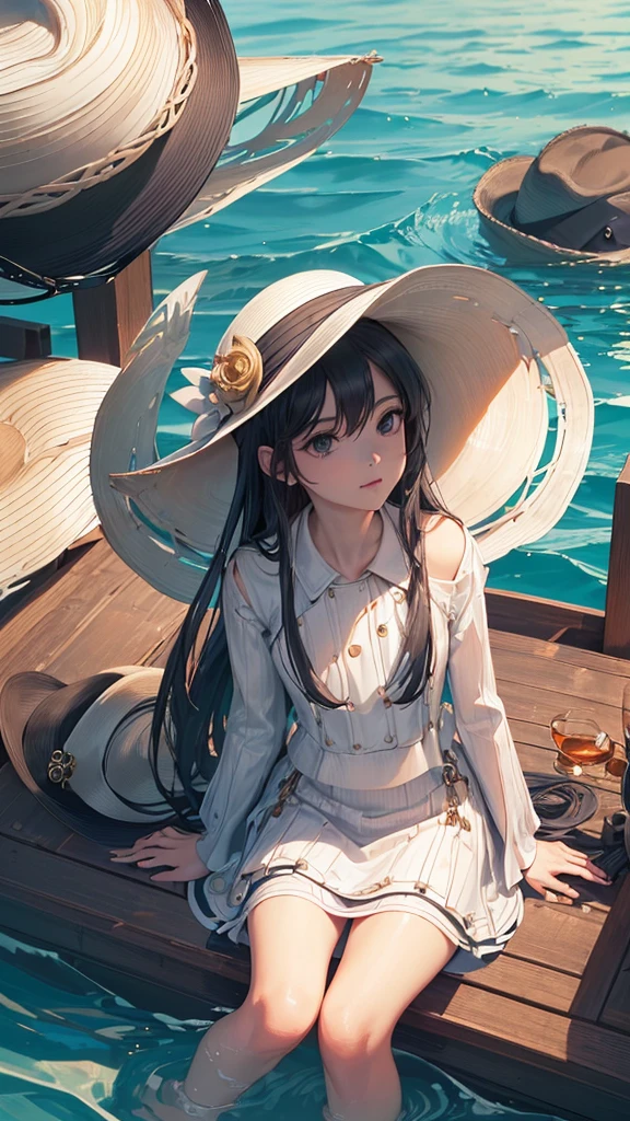 (Finest quality)),(超A high resolution),(Ultra-detail),(Meticulous portrayal),((Best Anime)),(Finest works of art),Ultra-Precision Art,The art of astounding depiction, (City of Water:1.4),(Sitting on the edge of a small boat:1.3), (One woman),(Stylish wide-brimmed hat:1.6)