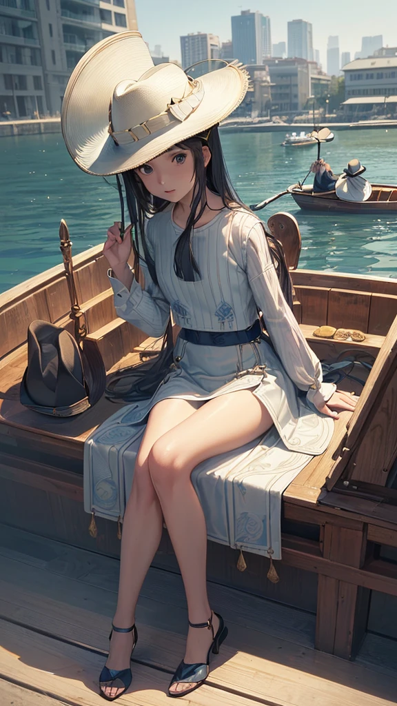 (Finest quality)),(超A high resolution),(Ultra-detail),(Meticulous portrayal),((Best Anime)),(Finest works of art),Ultra-Precision Art,The art of astounding depiction, (City of Water:1.4),(Sitting on the edge of a small boat:1.3), (One woman),(Stylish wide-brimmed hat:1.6)