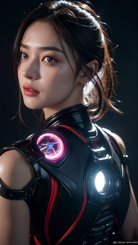 top quality, masterpiece, ultra high resolution, (lifelike: 1.4), original photo, 1 girl, black hair, shiny skin, 1 Mechanical Girl, (Super lifelike details)), portrait, global illumination, shadow, octane rendering, 8k, Super sharp, big deal, Cleavage exposed bare skin, metals, intricate decorative details, Japan details, very intricate details, lifelike light, CG trends, purple eyes, glowing eyes, face camera, Neon details, mechanical limbs, blood vessels connected to tubes, Mechanical vertebrae attached to the back, Cervical spine mechanical fixation in the neck, sitting, Wires and cables connected to the head, Gundam, small LED light,