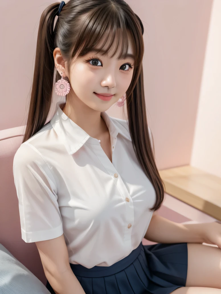 Twin tails、20-year-old,Earrings、very cute、Ulzzang, (8k, RAW Photos, Highest quality, masterpiece: 1.2), (Realistic, photo-Realistic: 1.37), Very detailed, 1 girl, cute, alone, Beautifully detailed skies, Detailed Coffee, Pink wall、Sitting, Date, (My nose turned red), (smile: 1.1), (Mouth closed), Medium chest, Beautiful attention to detail, (A short-sleeved shirt with a collar and an open front: 1.1), sexy、Pleated skirt,((Symmetrical eyes))、sexy、I can see your thighs、sexy