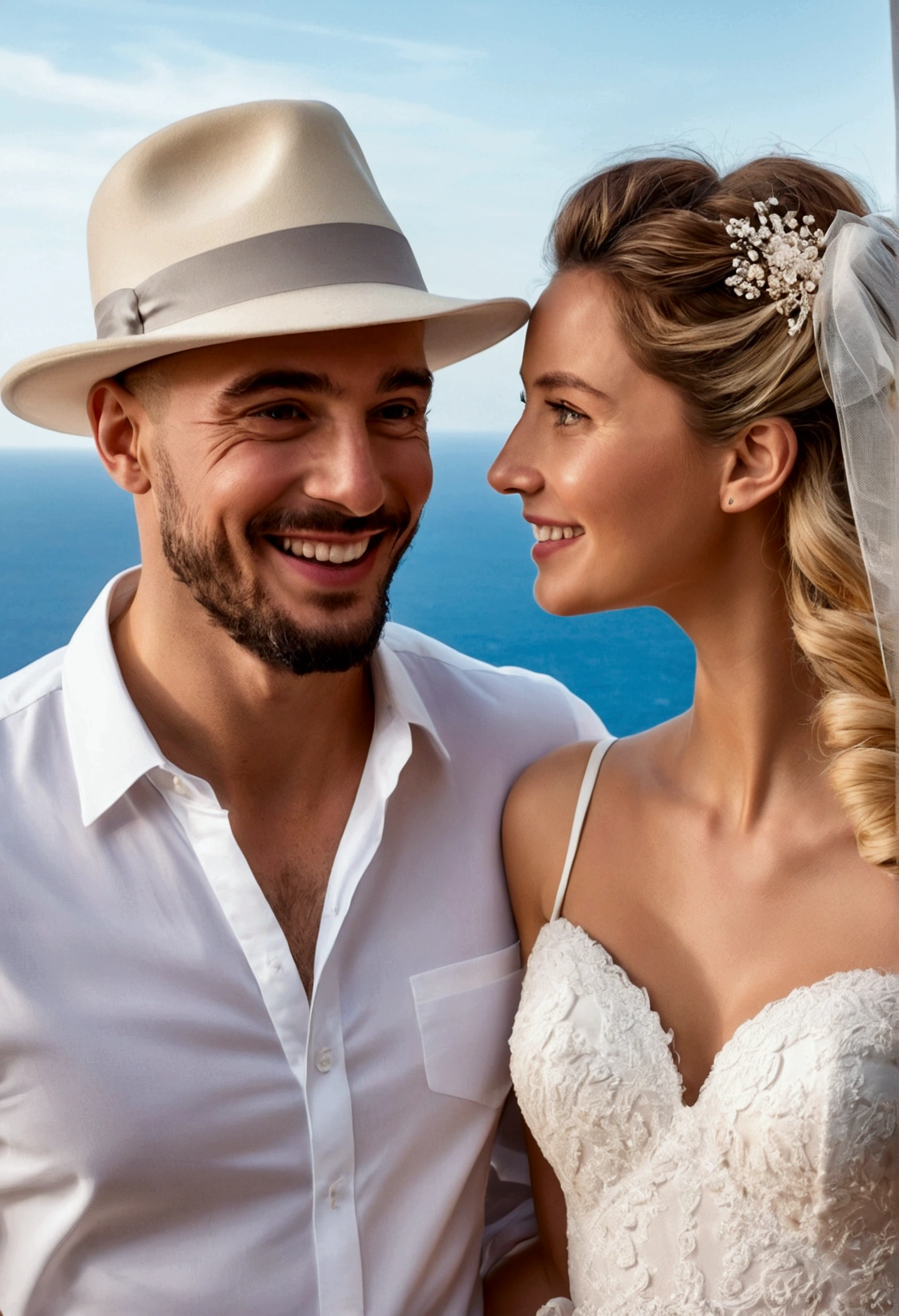 Un'illustrazione di una coppia adorabile, che mette in risalto un uomo e una donna con occhi bellissimi ed espressivi: the man's skin is light and the man's hair is bald and he wears a black hat.while the woman's skin is white and the woman's hair is long and straight and blonde. They have wedding dresses. I am on a bright panoramic terrace overlooking the sea. each with a smile on their face and sharing a special moment characterized by love and nurturing insights. Illustra questa scena da una prospettiva in cui sono rivolti lontano dalla telecamera, showing their connection. Sviluppa quest'arte in Full HD, focus on your cinematic touch, stile Disney Pixar Animations