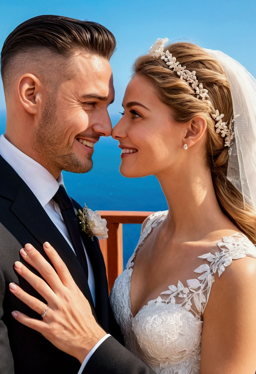Un'illustrazione di una coppia adorabile, che mette in risalto un uomo e una donna con occhi bellissimi ed espressivi: the man's skin is light and the man's hair is bald and he wears a black hat.while the woman's skin is white and the woman's hair is long and straight and blonde. They have wedding dresses. I am on a bright panoramic terrace overlooking the sea. each with a smile on their face and sharing a special moment characterized by love and nurturing insights. Illustra questa scena da una prospettiva in cui sono rivolti lontano dalla telecamera, showing their connection. Sviluppa quest'arte in Full HD, focus on your cinematic touch, stile Disney Pixar Animations