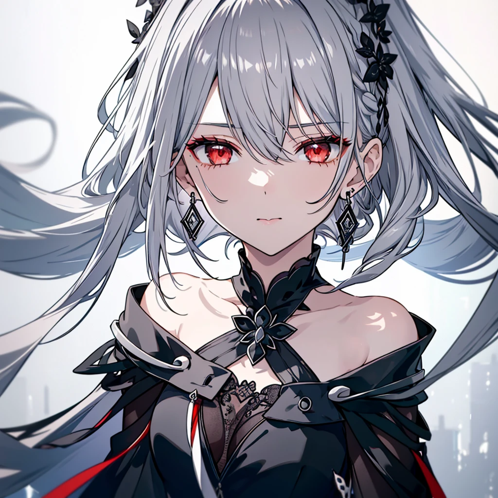 8k,High resolution RAW color art,Anime Art, (((Very detailed and cool))), Detailed skin, Blur、texture,(Exquisitely crafted, The finer details, Ultra-detailed art), (((1 girl))), Depth of written boundary, Silky Touch, Hyper Detail, (((Cool face))), eye shadow、Silver Marble Skin, Beautiful detailed red eyes, Beautiful lip detail, Very delicate face, Delicate depiction of hair and eyes, Detailed Fashion, Silver earrings,Silver Bracelet、Full body depiction, Black half top、(((Shoulder Bare)))、Black shorts、black waist cloak、black tights、 A little bit of grey hair, Straight Hair、Semi-long hair、(((Hair)))、water surface、silk clotheatte、Soft clothes