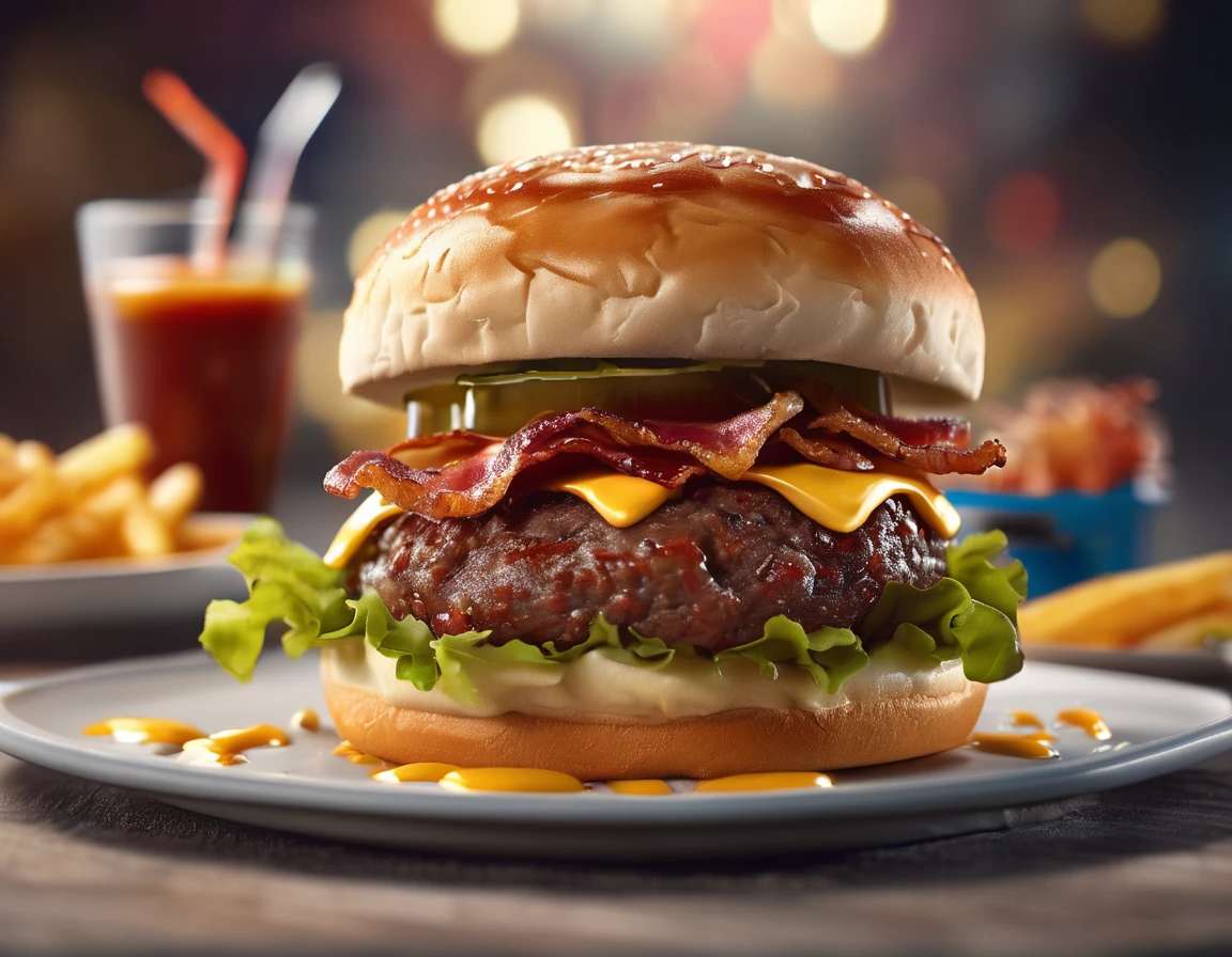 ((Gourmet Burger)), ((Ultra-Realistic Rendering)), ((Juicy pate)), ((Carefully crafted toppings)), ((Sesame bread)), ((Melting cheese)), ((Chris Pletas)), ((Sizzling bacon)), ((Add the sauce)), ((Angled close-up image)), ((Culinary masterpieces)), ((Vibrant colors)), ((Appetizing presentation)), ((Artistic plating)), ((Soft natural light)), ((Bokeh Background)), ((Flavorful atmosphere)), ((Gastronomic Delights)), ((Focus distance 85mm)), ((Sony A7R IV)), ((wide aperture)), ((Definition of 8k)), ((Inspired by food art)), ((Emotionally engaging)), ((Culinary Innovation)) A fast food hamburger set with cola and fries
