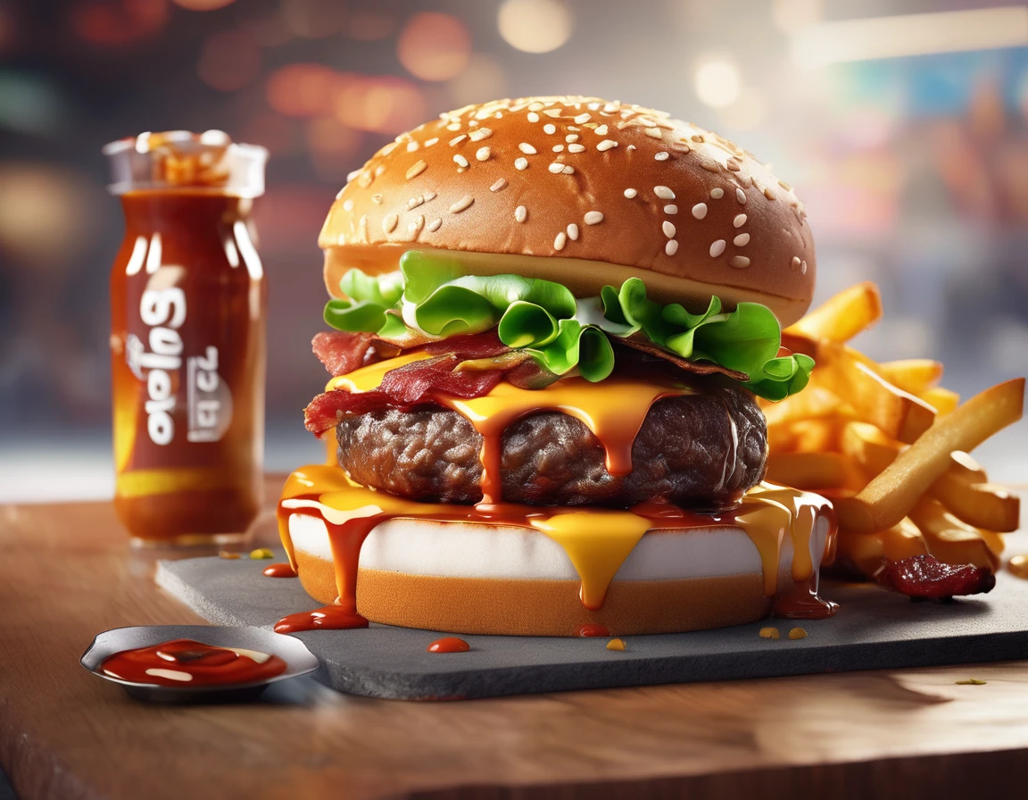 ((Gourmet Burger)), ((Ultra-Realistic Rendering)), ((Juicy pate)), ((Carefully crafted toppings)), ((Sesame bread)), ((Melting cheese)), ((Chris Pletas)), ((Sizzling bacon)), ((Add the sauce)), ((Angled close-up image)), ((Culinary masterpieces)), ((Vibrant colors)), ((Appetizing presentation)), ((Artistic plating)), ((Soft natural light)), ((Bokeh Background)), ((Flavorful atmosphere)), ((Gastronomic Delights)), ((Focus distance 85mm)), ((Sony A7R IV)), ((wide aperture)), ((Definition of 8k)), ((Inspired by food art)), ((Emotionally engaging)), ((Culinary Innovation)) A fast food hamburger set with cola and fries