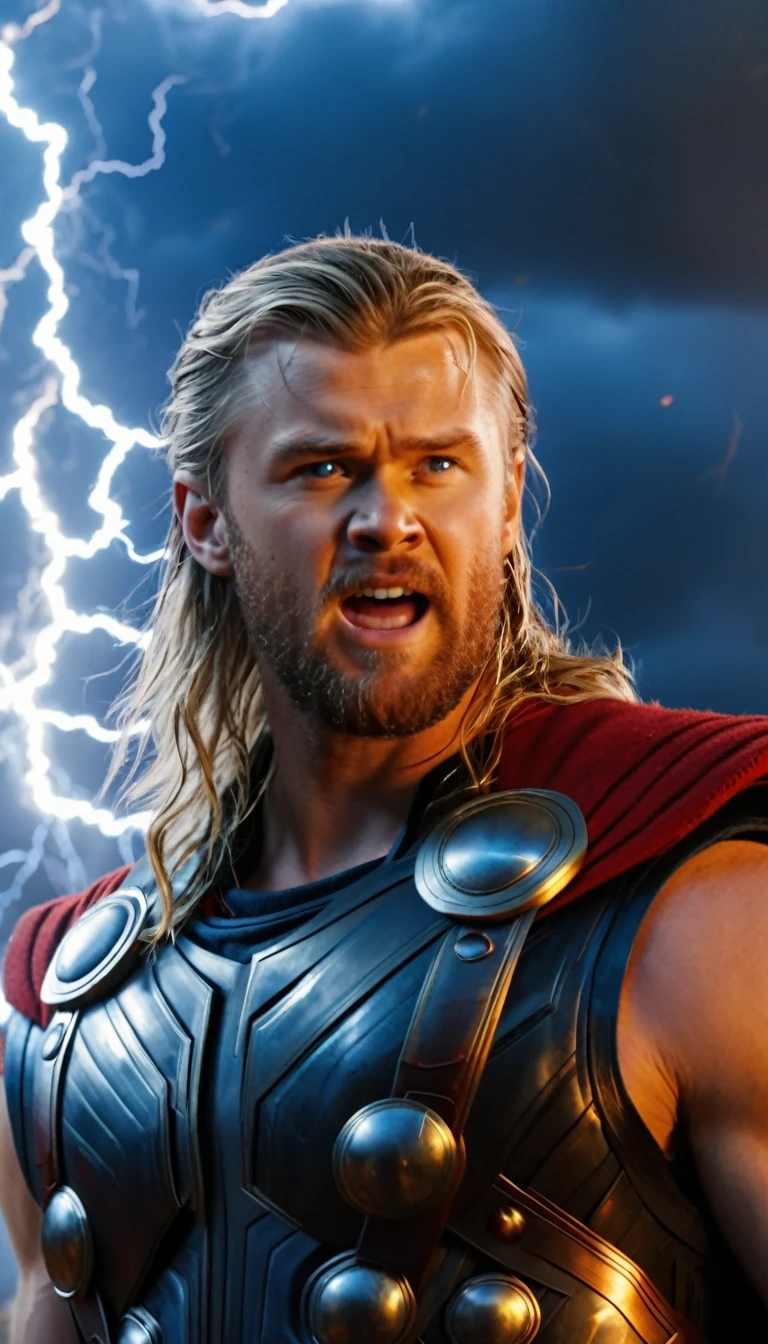 Marvel - Thor, close-up, brilliant lightning and fire background, wins the great battle to save the world, masterpiece, 8K, realistic