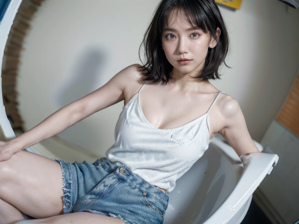 ((Highly detailed CG unit 8K wallpaper, masterpiece, High resolution, Highest quality)), (((Beautiful woman with dark hair, Model-like posture, Street fashion, Wearing a white camisole:1.2, Wearing denim micro mini shorts:1.2)), ((Highly detailed face, Highly detailed black eyes, Highly detailed body, Highest qualityのリアルテクスチャスキン)), (Short Bob Cut Hair, White skin:1.2, Exposed abdomen), (Brightly painted walls), (High Angle, Fisheye Lens:1.3), Surreal, Digital Painting,((In the toilet))