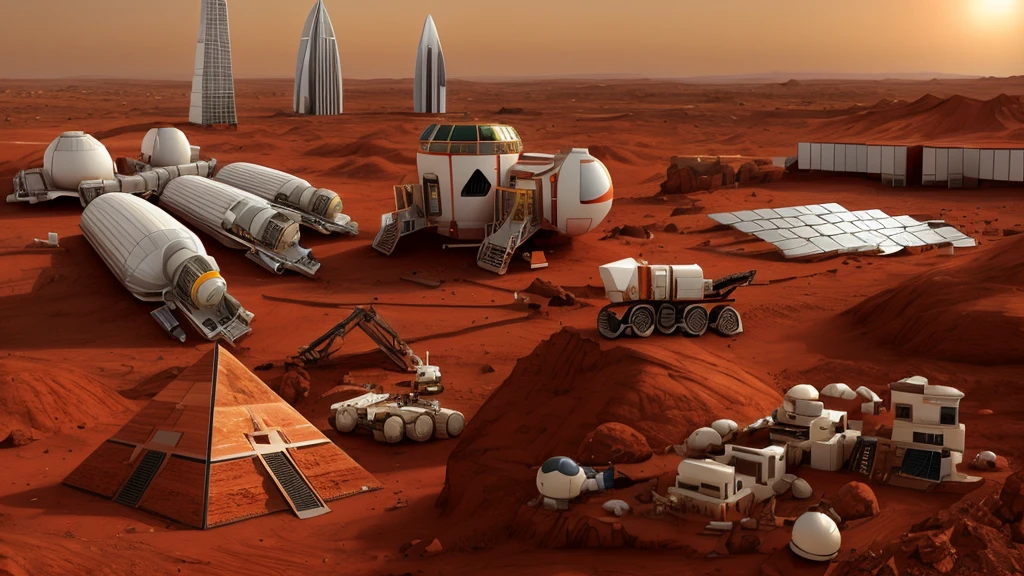 Mars base construction,On the red Martian soil,There are high-rise buildings and ultra-modern houses,There are neatly arranged solar panels harnessing solar energy,There is a huge 3D printer printing a pyramid structure,There are transporters transporting bricks,Realistic,Don't use bells and whistles,The proportion of changes in the original picture is small,4K
