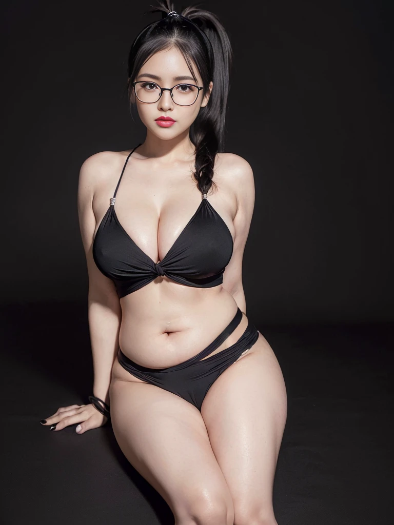 (Canon RF85mmf/1.2,masterpiece,Highest quality,Ultra-high resolution)((Beautiful, curvy, intelligent woman wearing black glasses, 22 years old, solo)) ((Highest quality、8k、masterpiece))((Photogenic quality:1.5))Attractive proportions and a voluptuous, glamorous body、((Plump round face))((Looking at me with a smile))Super detailed face、(Beautiful face with droopy eyes)(Full-length portrait of a nearly naked figure sitting with legs apart:1.5))((Accurate human body depiction:1.5))、Show off your plump thighs、Bright red lips with lipstick、Amazingly extra-large breasts with cleavage fully exposed、((Her black hair is tied up in a ponytail:1.5))Ear piercing、Simple light background、Bright midsummer light、