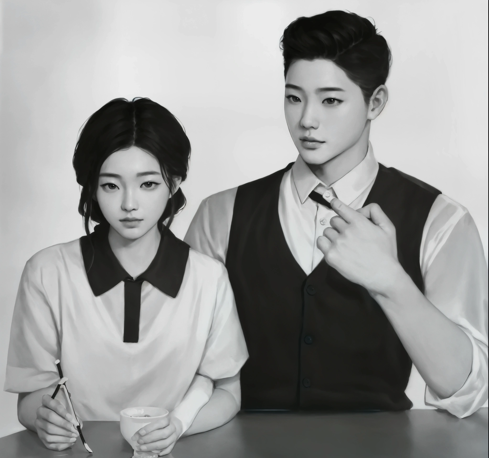 There are black and white photographs of men and women., Artwork in the style of gouache, High quality fan art, Inspired by Sim Sa Jung, Inspiration from Xiao Yunkong, Couple poses, Realistic art style, Inspiration from Kim Deuksin, Inspired by Russell Dongjun Lu, Inspiration from Yan Juncheng, digital sketch, Inspiration from Wang Lue